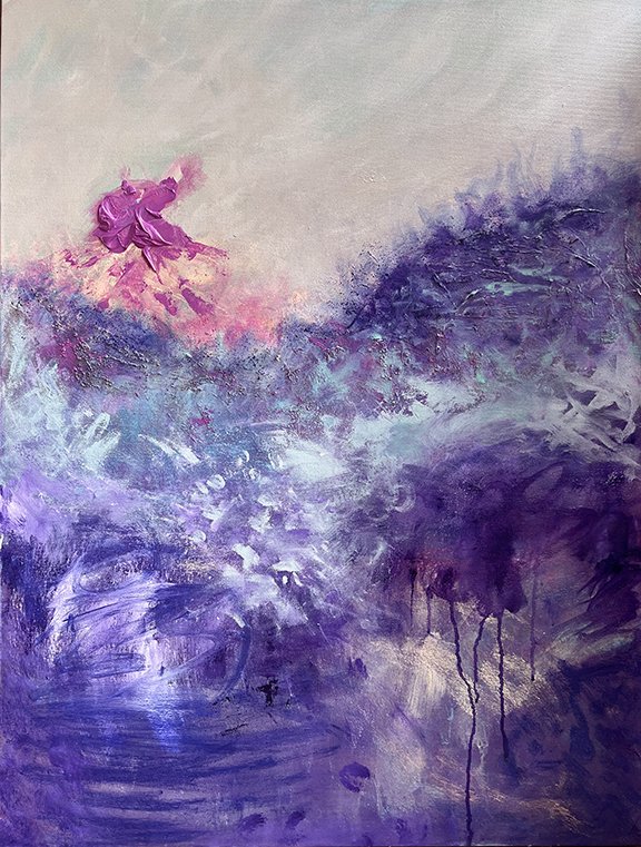 abstract painting with a pink flower and purple bushes